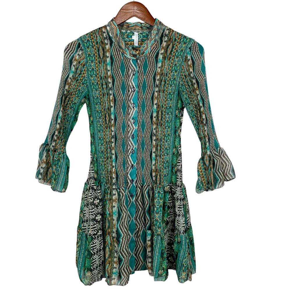Lindi Dress Green Pleated 3/4 Bell Sleeves Semi Sheer Mini Boho Women's XS